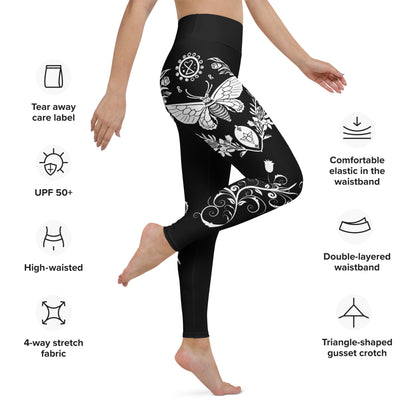 Women's Leggings for Fitness, Yoga, and Streetwear - Night Swarms and Roses - Black and White - Necxium.store.4