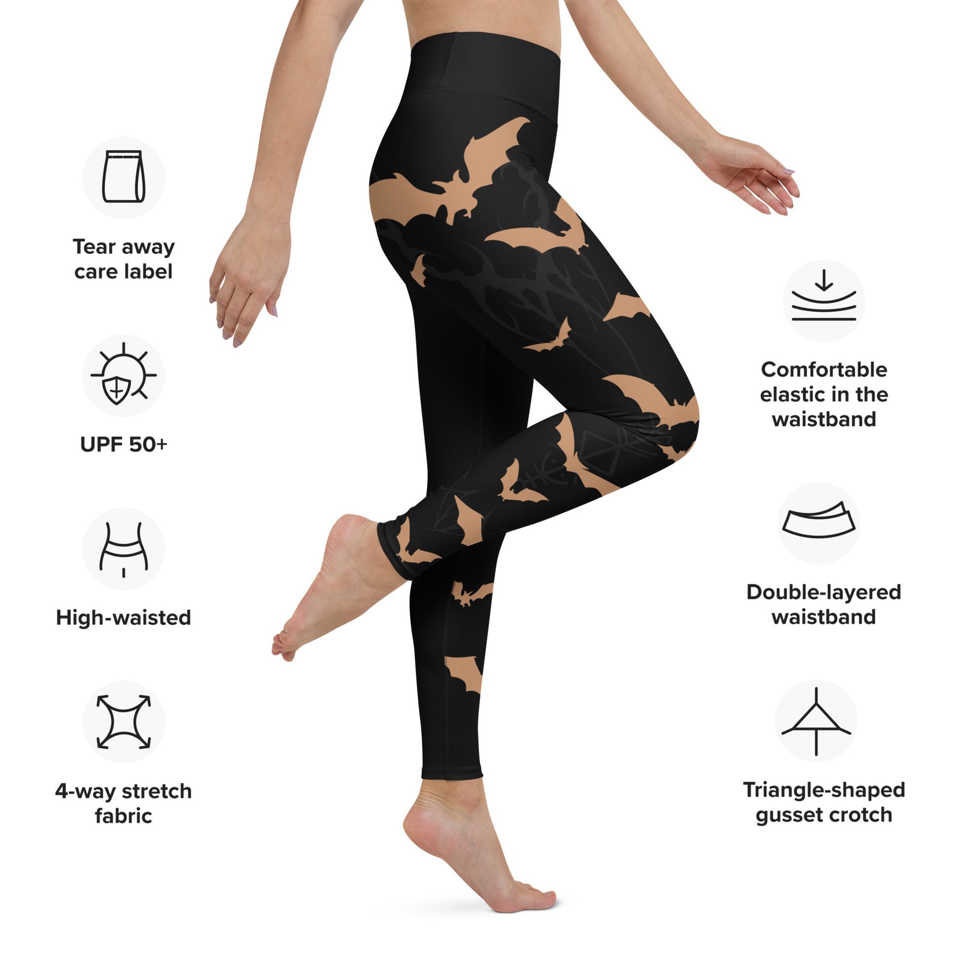 Women's Leggings for Fitness, Yoga, and Streetwear - Swarm Of Bats - Black and Gold - Necxium.store.4