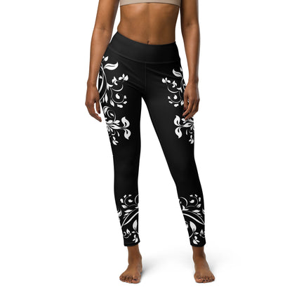 Women's Leggings for Fitness, Yoga, and Streetwear - Wild Vines and Leaves - Black and White - Necxium.store.2