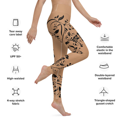 Women's Leggings for Fitness, Yoga, and Streetwear - Wild Vines and Leaves - Gold and Black - Necxium.store.4