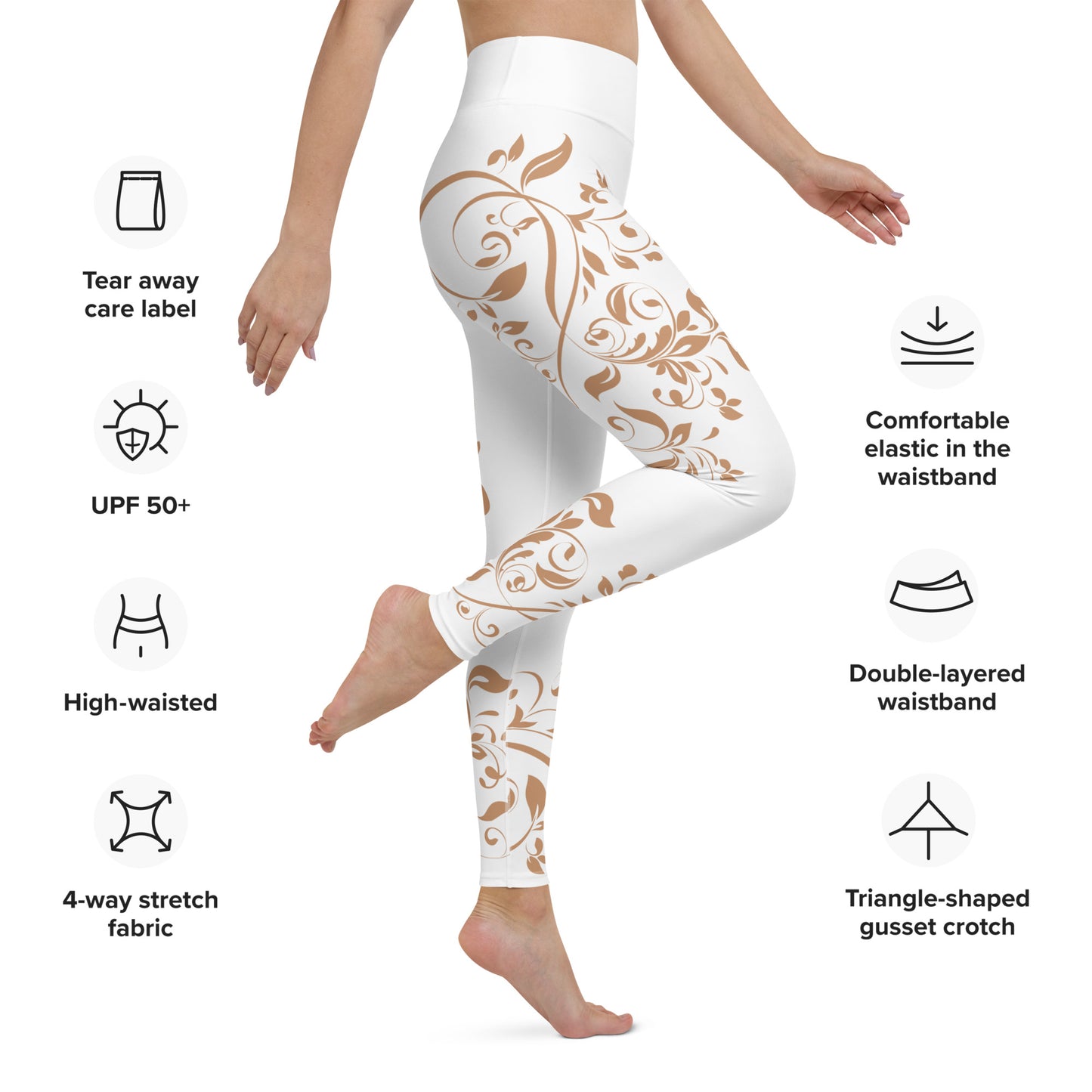 Women's Leggings for Fitness, Yoga, and Streetwear - Wild Vines and Leaves - White and Gold - Necxium.store.4