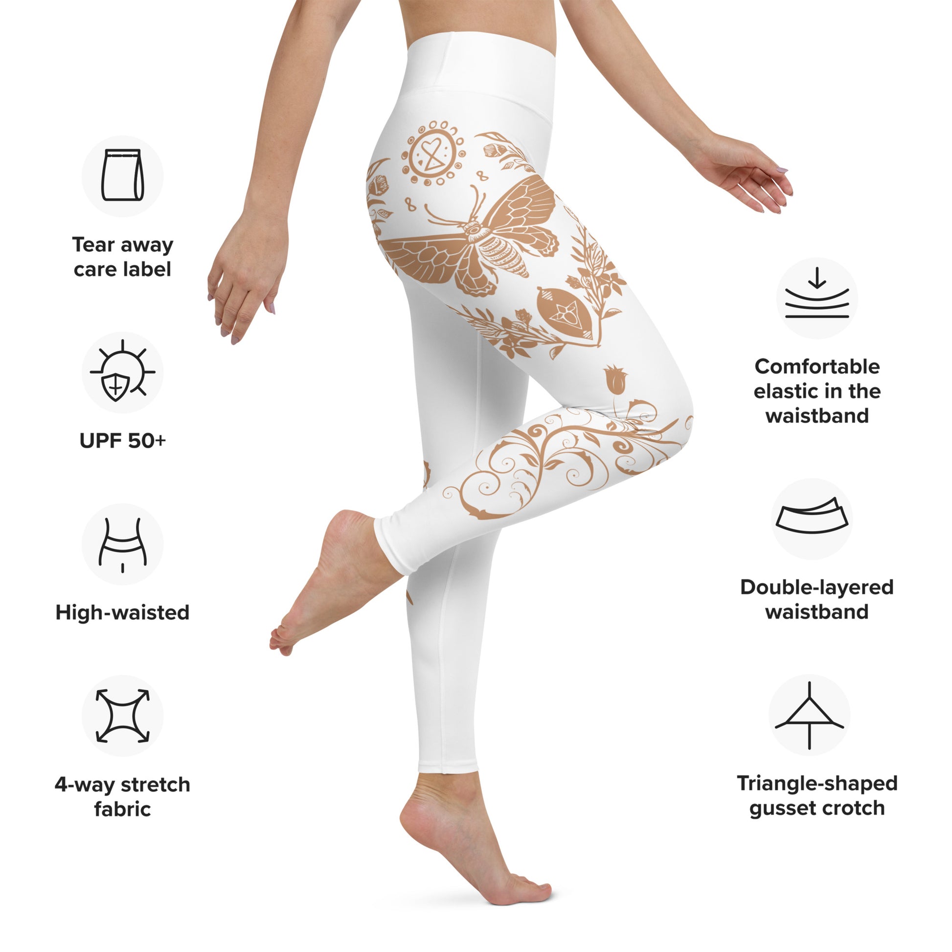 Women's Leggings for Fitness, Yoga, and Streetwear - Night Swarms and Roses - White and Gold - Necxium.store.4